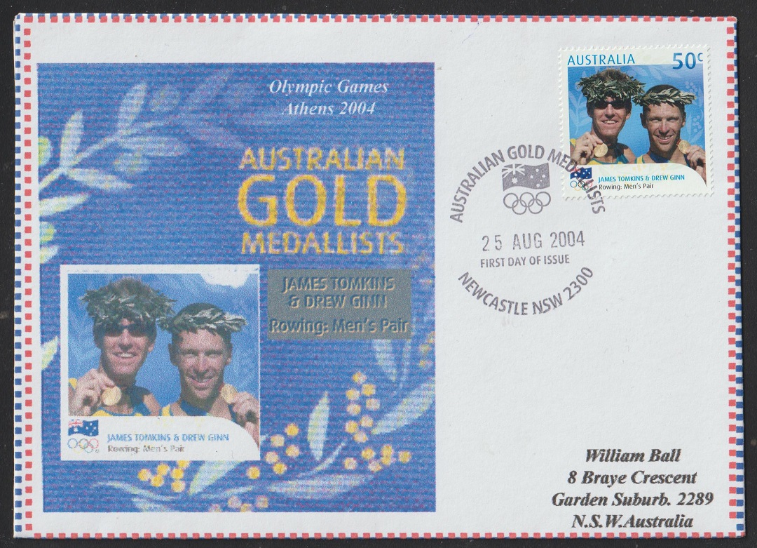FDC AUS 2004 Aug. 25th Newcastle James Tomkins Drew Ginn M2 gold medal winners OG Athens 2004