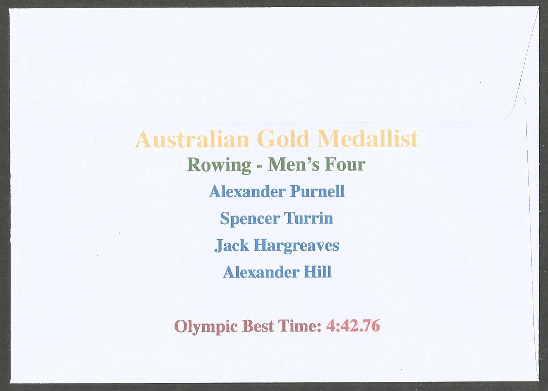 FDC AUS 2021 Aug. 3rd Newcastle OG Tokyo 2020 M4 gold medal winner crew AUS reverse