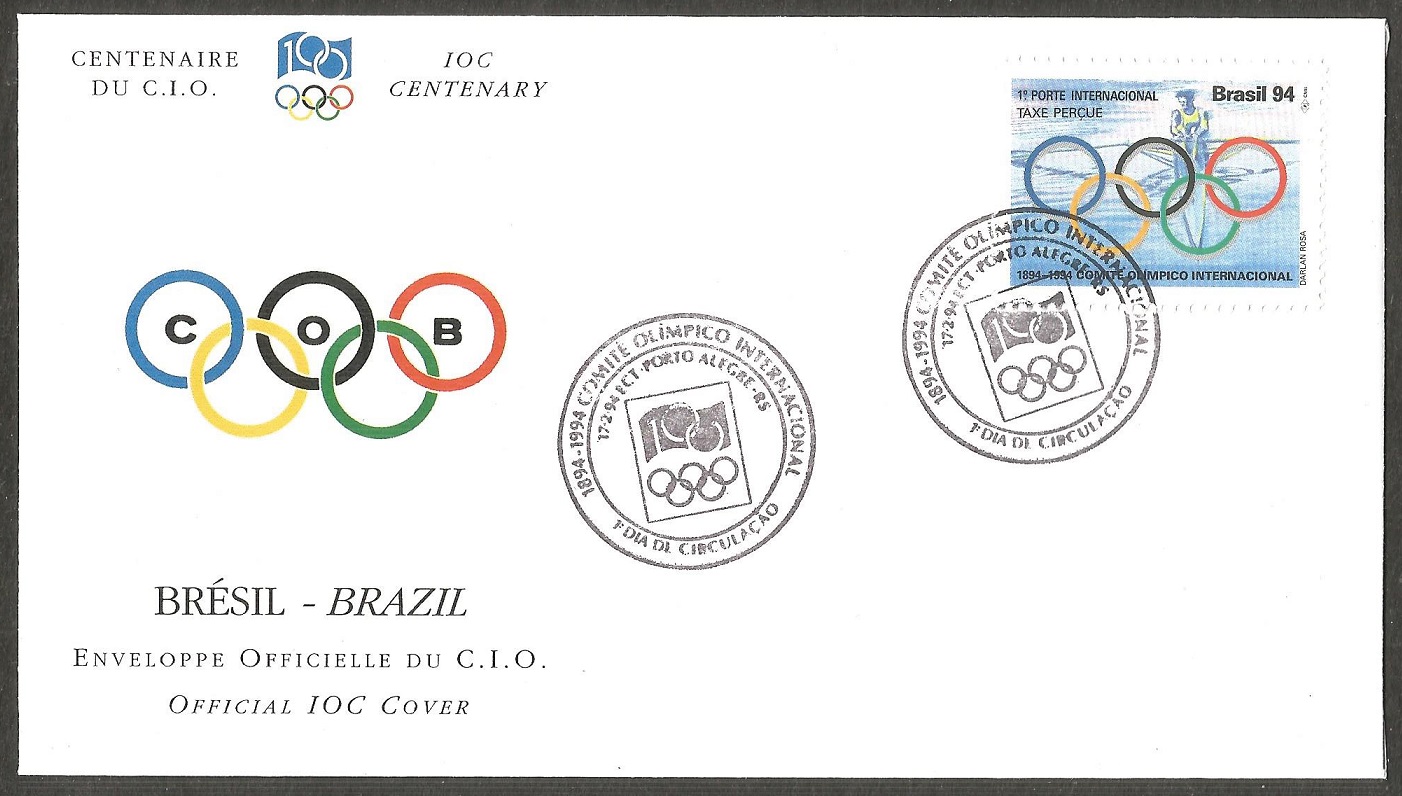FDC BRA 1994 Febr. 17th 100 years IOC Single sculler Olympic rings official IOC cover II