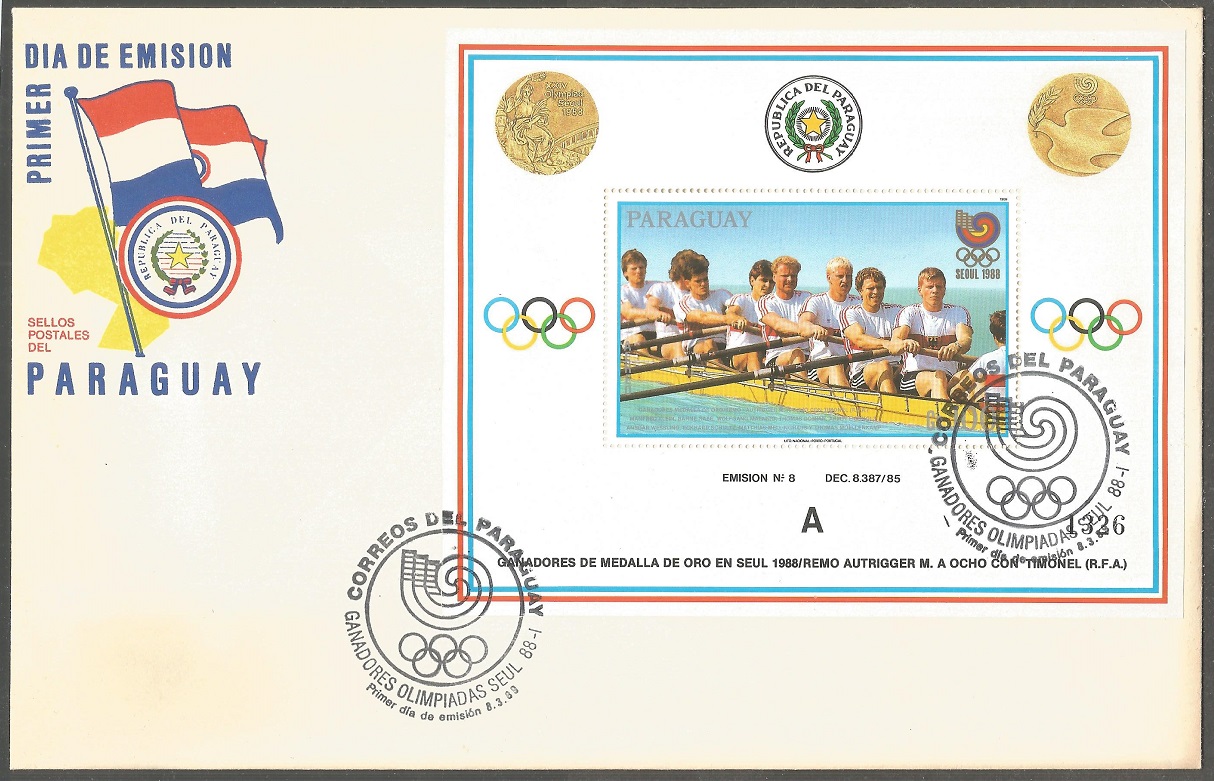 FDC PAR 1988 Aug. 3rd SS OG Seoul M8 crew GER gold medal winner