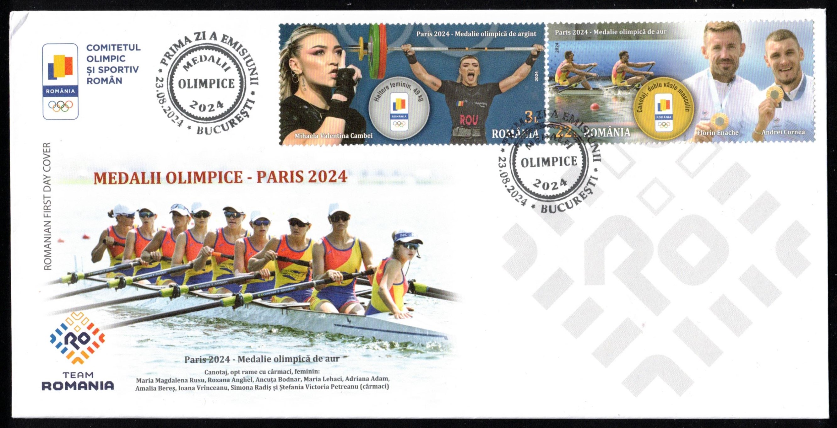 FDC ROU 2024 Aug. 23rd Bucarest LM2X gold medal winners at OG Paris ROU