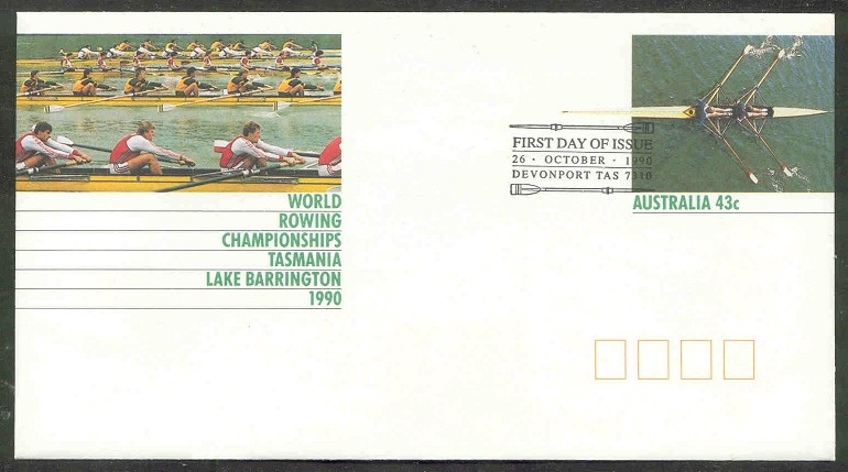 fdc aus 1990 oct. 26th davenport tasmania wrc stationary two oars framing text 