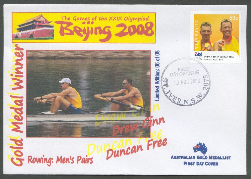 fdc aus 2008 aug. 19th st. ives d. ginn d. free m2 gold medal winners at og beijing