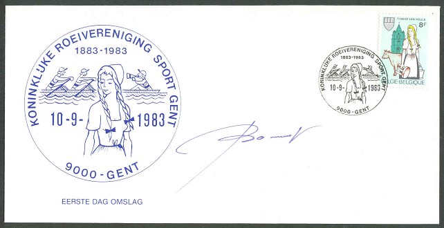 fdc bel 1983 sept. 9th koninkluke roeivereniging sport gent with autograph of designer