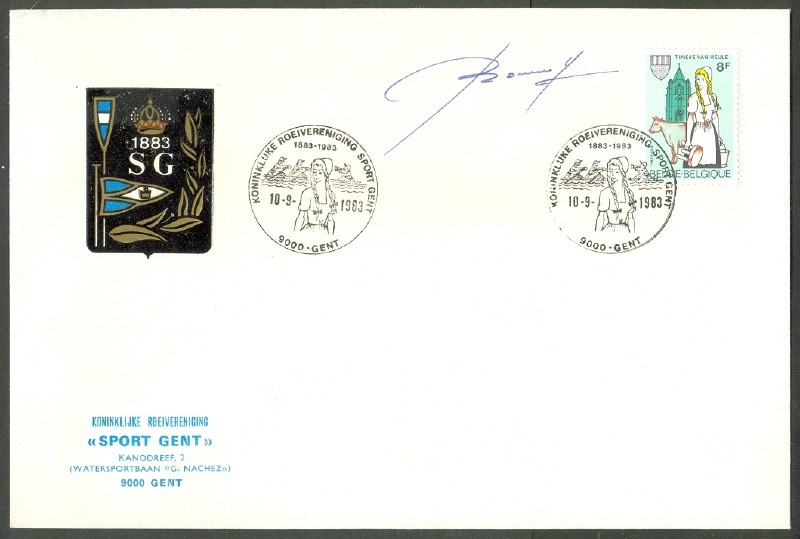 fdc bel 1983 sept. 9th koninkluke roeivereniging sport gent with autograph of designer and club emblem