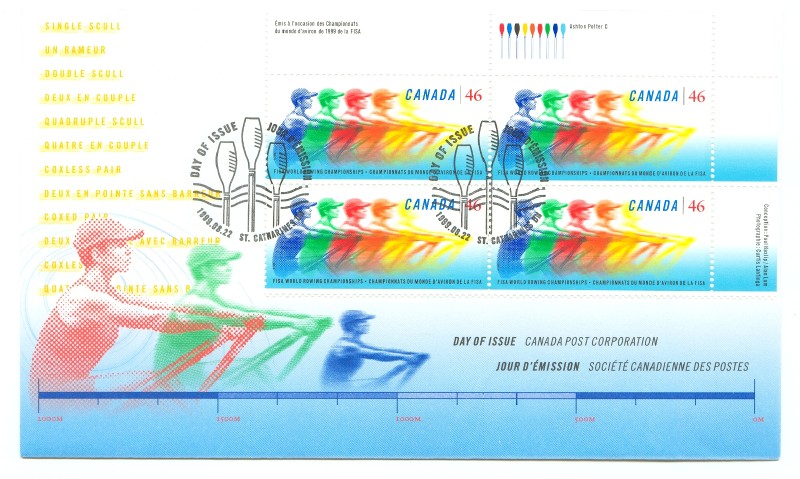 fdc can 1999 aug. 22nd wrc st. catherines female sculler in five different colours 