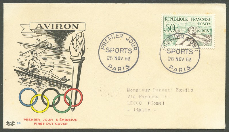 fdc fra 1953 nov. 28th with drawing of 1x 2x and olympic rings 
