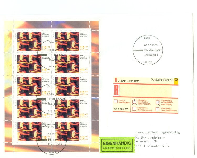fdc ger 1998 febr. 5th wrc cologne sheet of 10 on registered letter