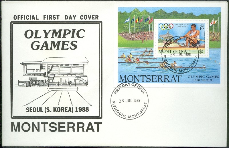fdc monserrat 1988 july 29th og seoul ss mi bl. 49 single sculler victory ceremony 2x at og munich 1972 