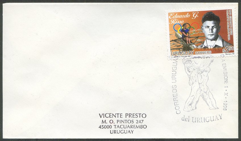 fdc uru 1996 oct. 1st eduardo g. risso m1x silver medal winner og london 1948