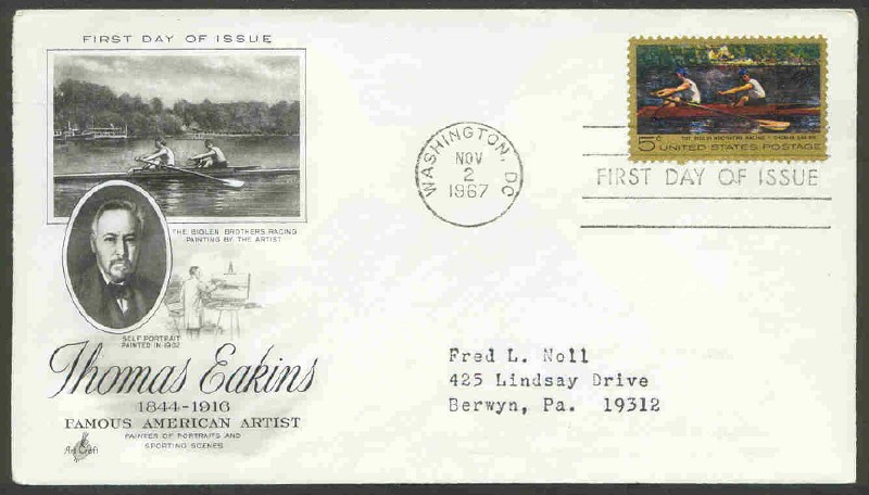 fdc usa 1967 nov. 2nd mi 936 painting t. eakins the biglin brothers racing i 