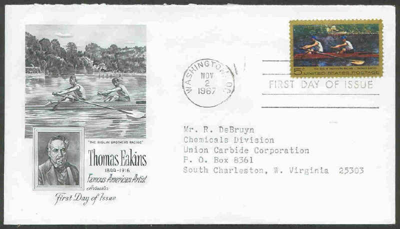 fdc usa 1967 nov. 2nd mi 936 painting t. eakins the biglin brothers racing ii 
