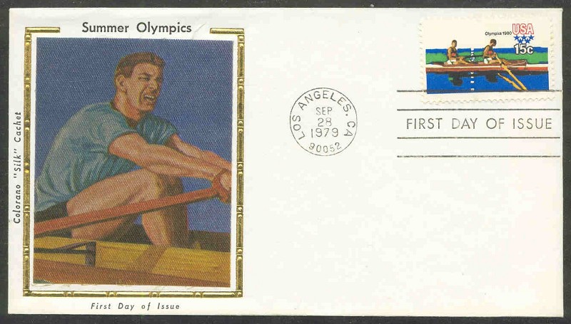 fdc usa 1979 sept. 28th olympics 1980 corano silk cachet sweep oar rower 