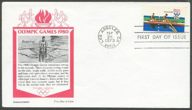 fdc usa 1979 sept. 28th olympics 1980 with drawing of single sculler and text