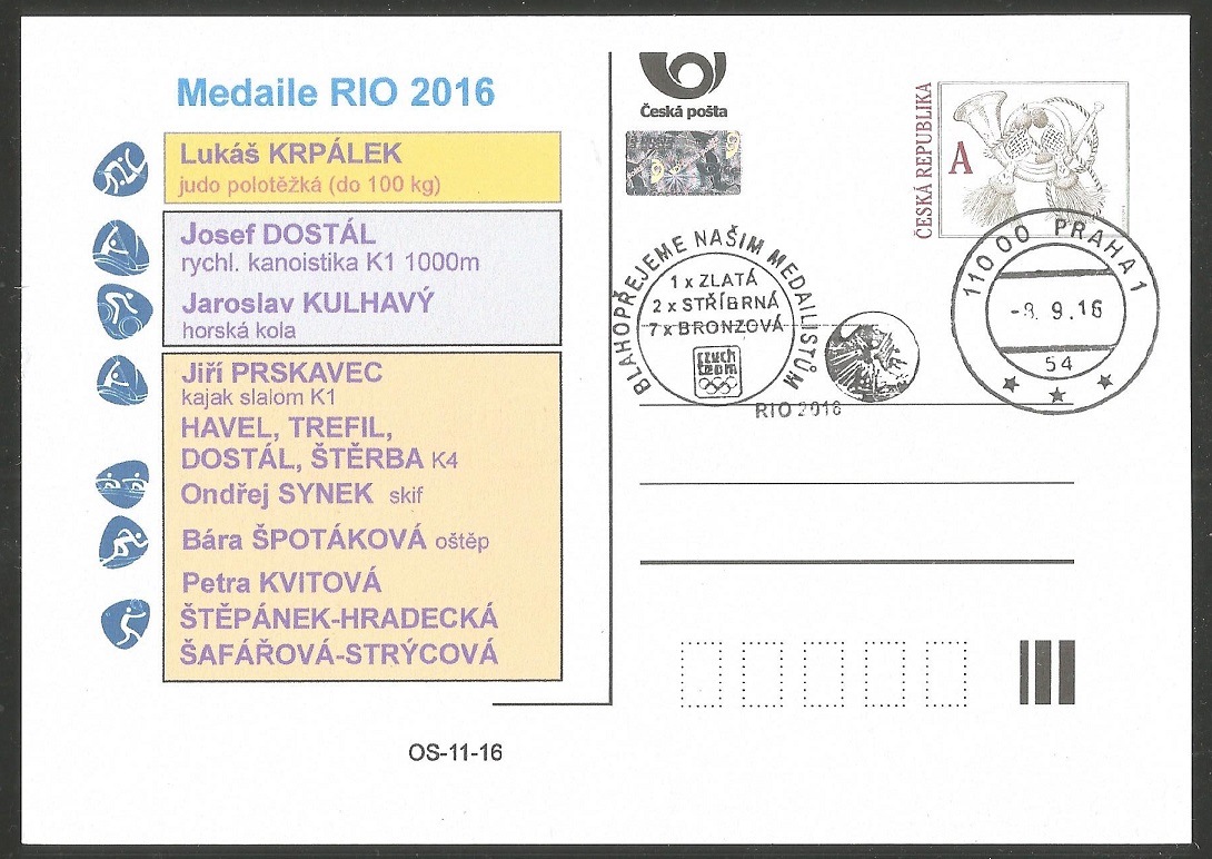 Illustrated card CZE 2016 M1X bronze medal for Ondrej Synek at OG Rio de Janeiro 