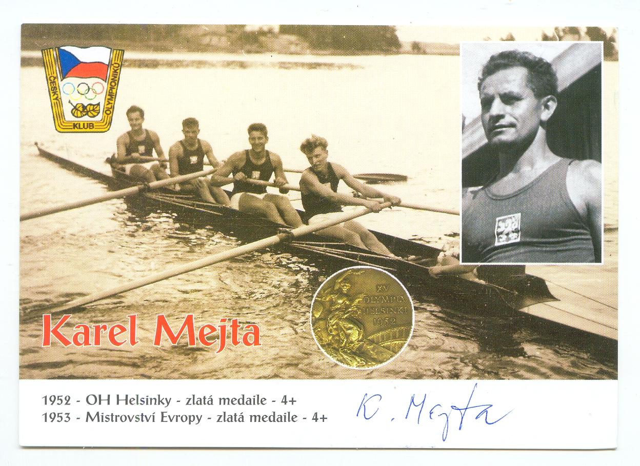 Photo TCH OG Helsinki 1952 Gold medal in 4 event TCH 4 with small photo and signature of Karel Mejta