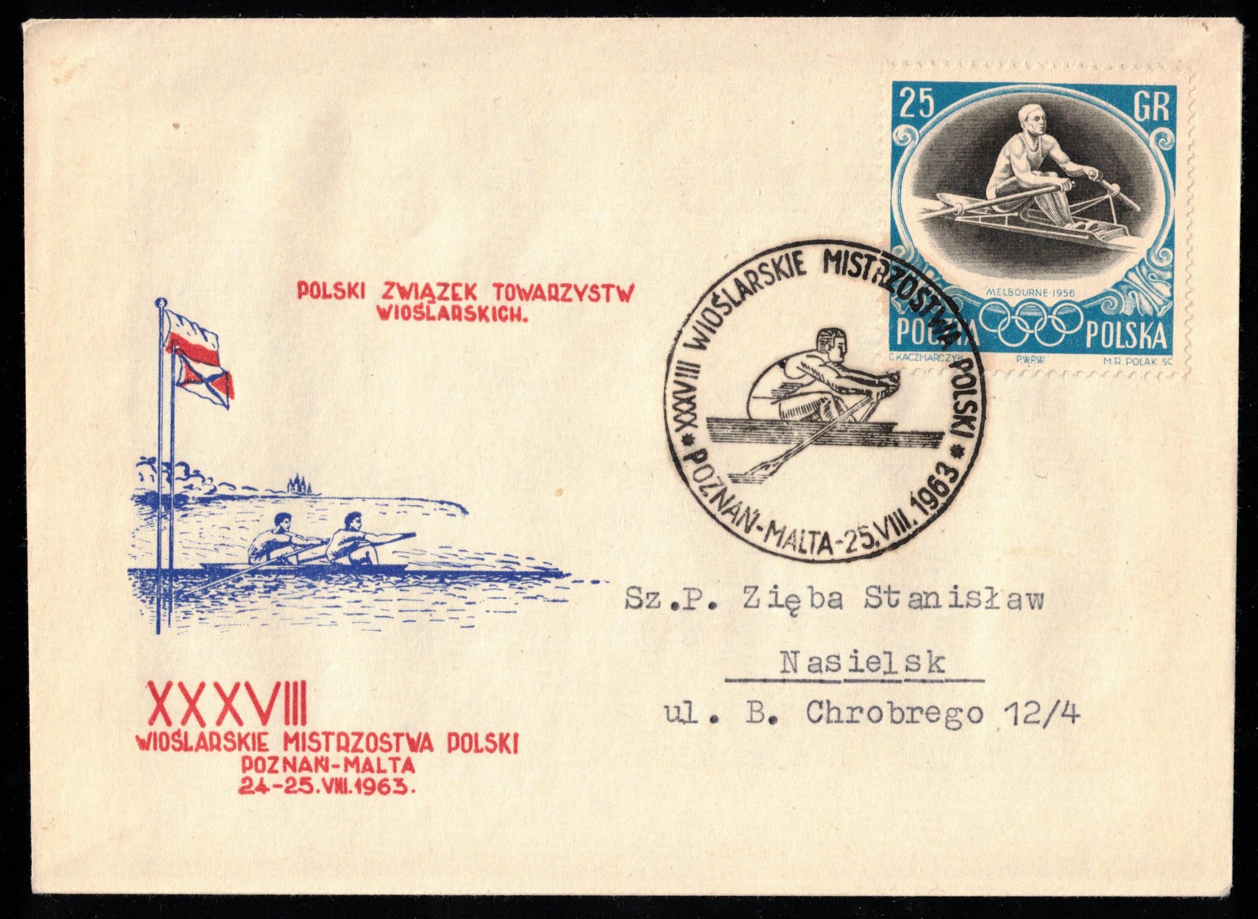 Illustrated cover POL 1963 Aug. 24th Poznan Malta 38th Polish Rowing Championships with drawing of 2 and PM