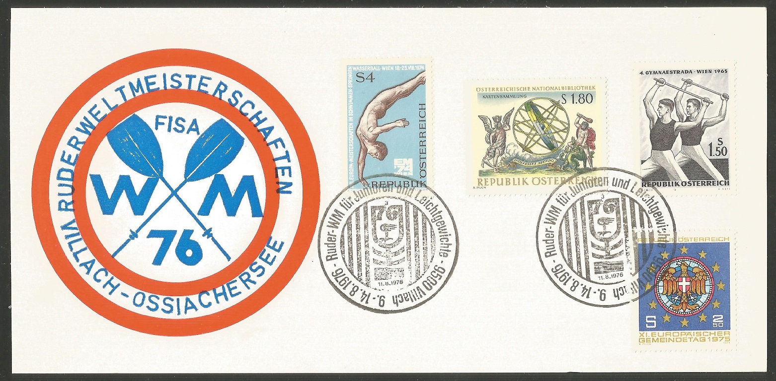 Illustrated card AUT 1976 WRC for Juniors and Lightweights Villach Aug. 9th 14th PM logo