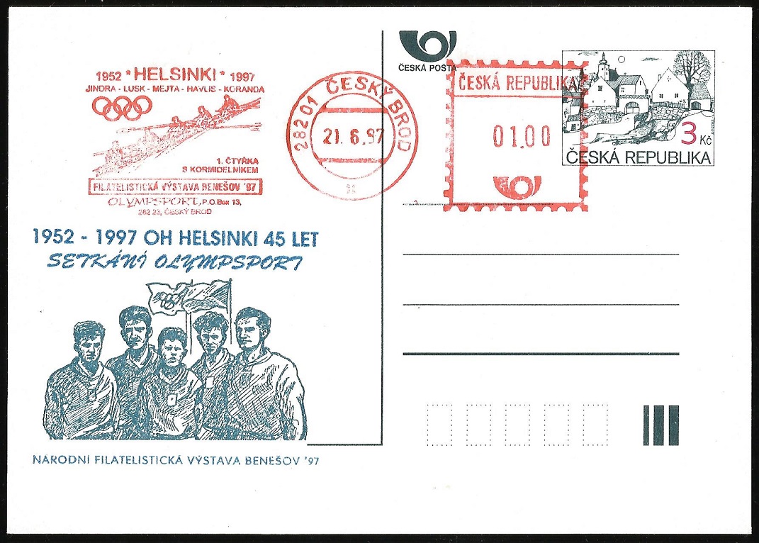 Illustrated card CZE 1997 with PM CZE 1997 Cesky Brod celebrating the TCH M4 gold medal crew at OG Helsinki 1952