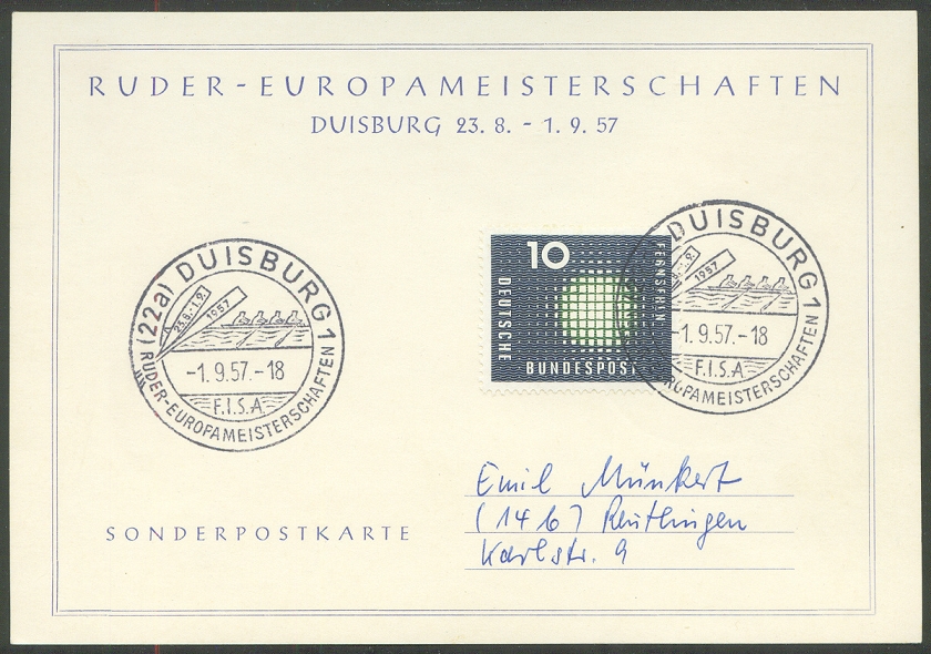 Illustrated card GER 1957 ERC Duisburg with PM Sept.1st final day