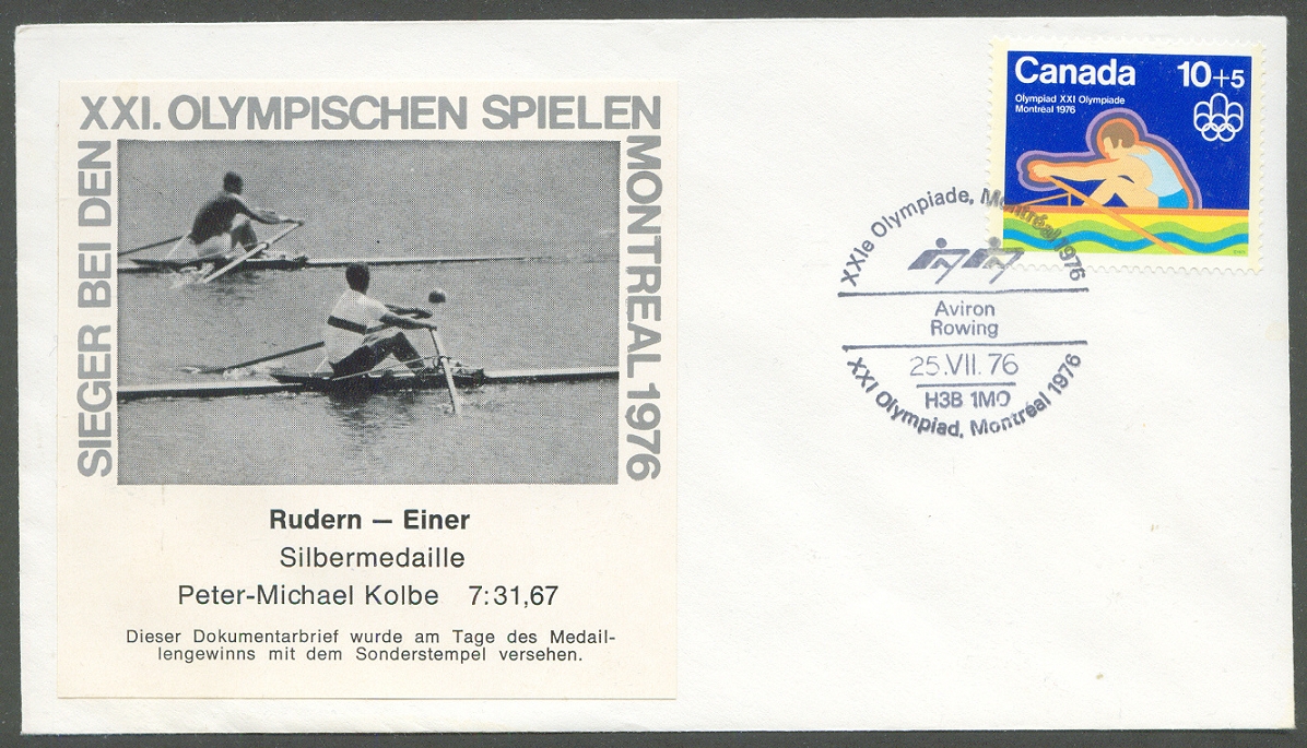 Illustrated cover CAN 1976 OG Montreal with stamp and PM July 25th Photo of M1X final between Karppinen FIN anf Kolbe GER