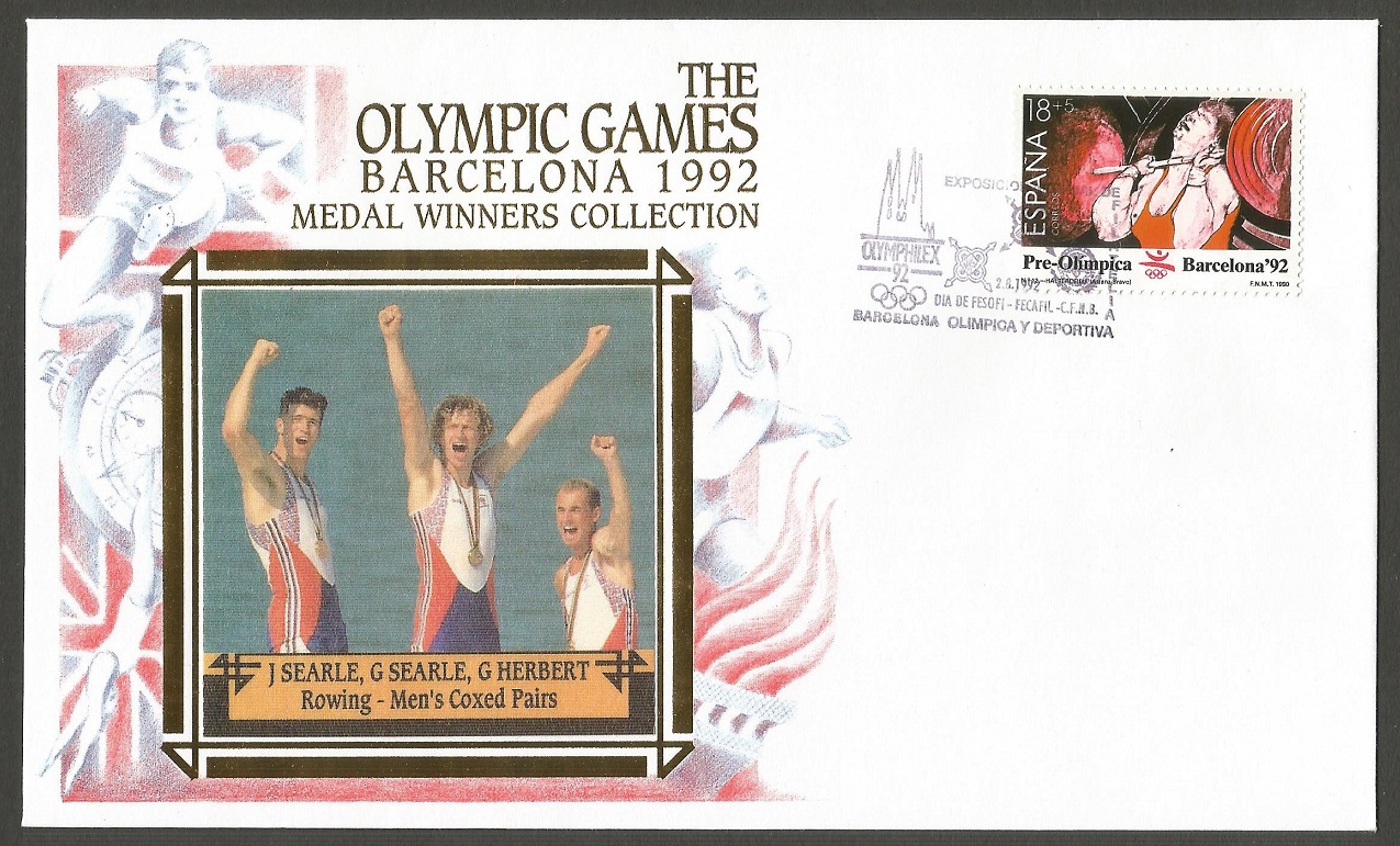 Illustrated cover ESP 1992 OG Barcelona M2 gold medal winners Jonny Greg Searle cox Garry Herbert GBR
