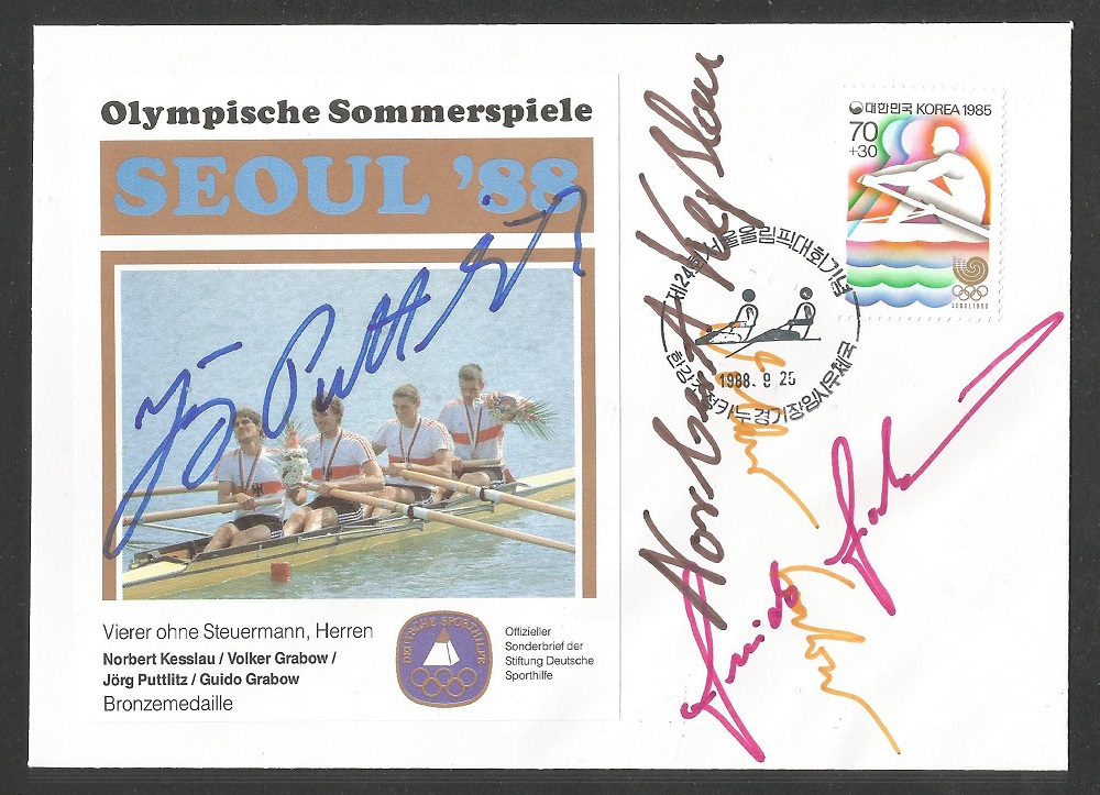 Illustrated cover KOR 1988 Sept. 25th OG Seoul Signatures of GER 4 crew bronze medal winners with stamp PM and photo