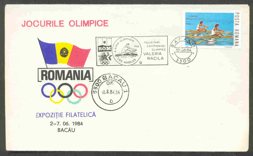Illustrated cover ROU 1984 with stamp Mi 3976 and PM Bacau OG Los Angeles Felicitari Campionei Olimpice Valeria Racila