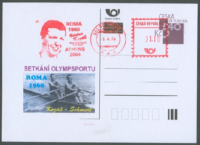 illustrated card cze 2004 with red meter mark vaclav kozak and photo of kozak schmidt 2x gold medal winners rome 1960