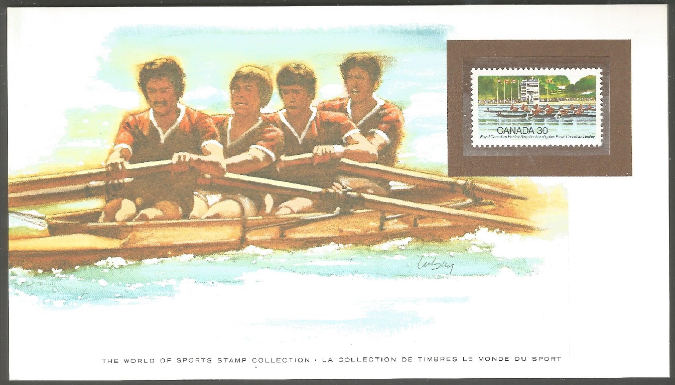 illustrated card usa 1983 the world of sports stamp collection with stamp can 1982 royal canadian henley regatta