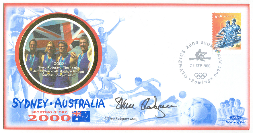 illustrated cover aus 2000 og sydney honouring gold medallist m4 crew gbr with pm sydney sept. 23rd and signature of steve redgrave