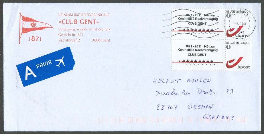 illustrated cover bel 2011 with personalized stamp krc gent and club flag