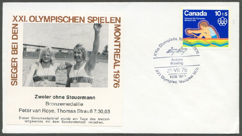 illustrated cover can 1976 og montreal with stamp and pm july 25th photo of m2 crew ger bronze medal winners 