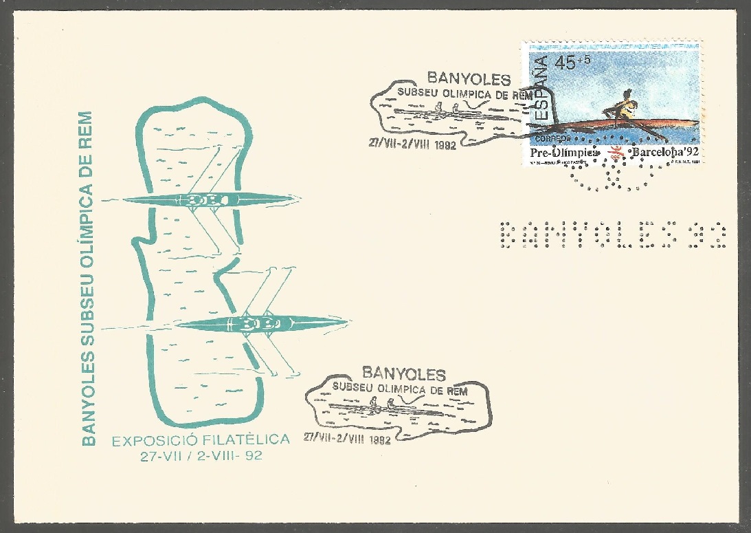 illustrated cover esp 1992 og barcelona with stamp and pm banyoles