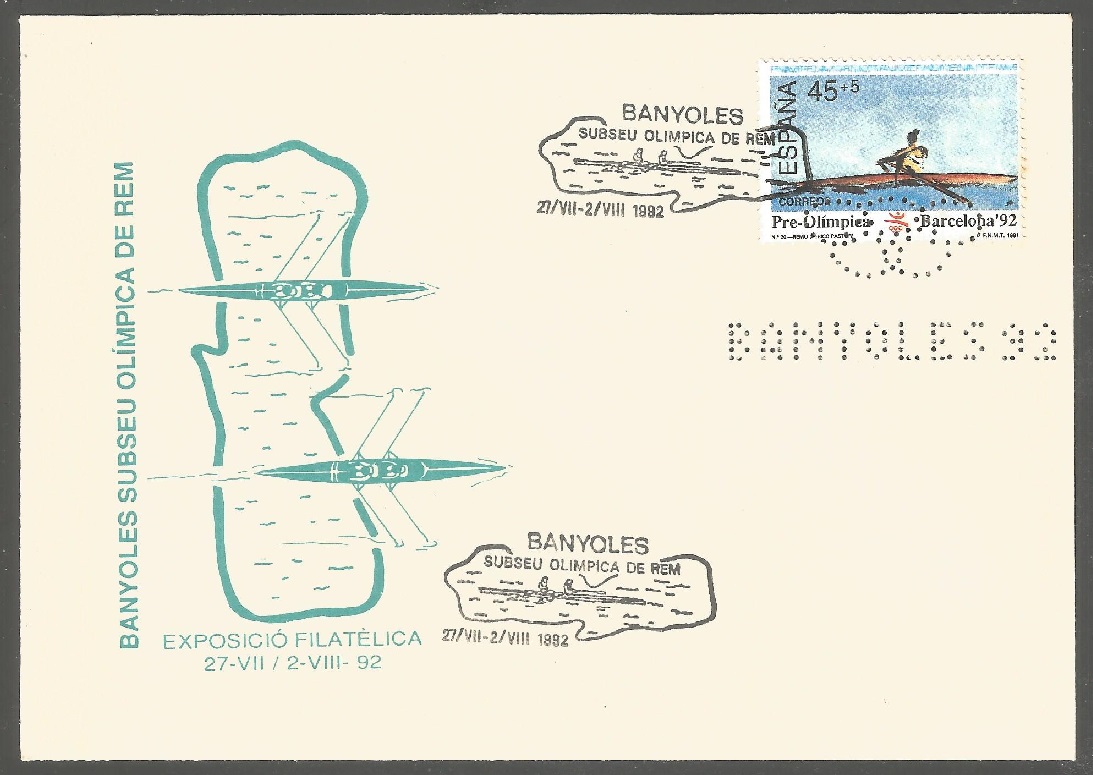 illustrated cover esp 1992 og barcelona with stamp and pm banyoles