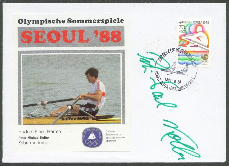 illustrated cover kor 1988 og seoul photo of p. m kolbe ger silver medal winner m1x with his signature stamp and pm kor 1988 sept. 24th 