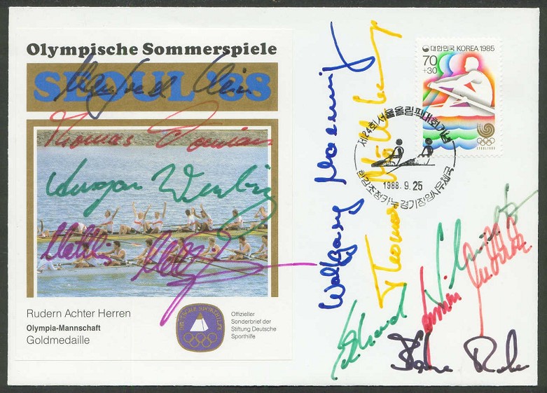 illustrated cover kor 1988 sept. 25th og seoul signatures of ger 8 crew gold medal winners with stamp pm and photo