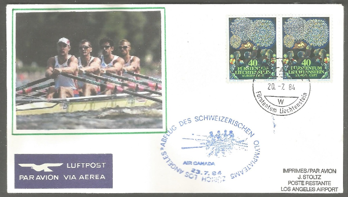 illustrated cover lie 1984 with cachet sui july 23rd flight departure of swiss olympic team and arrival postmark los angeles