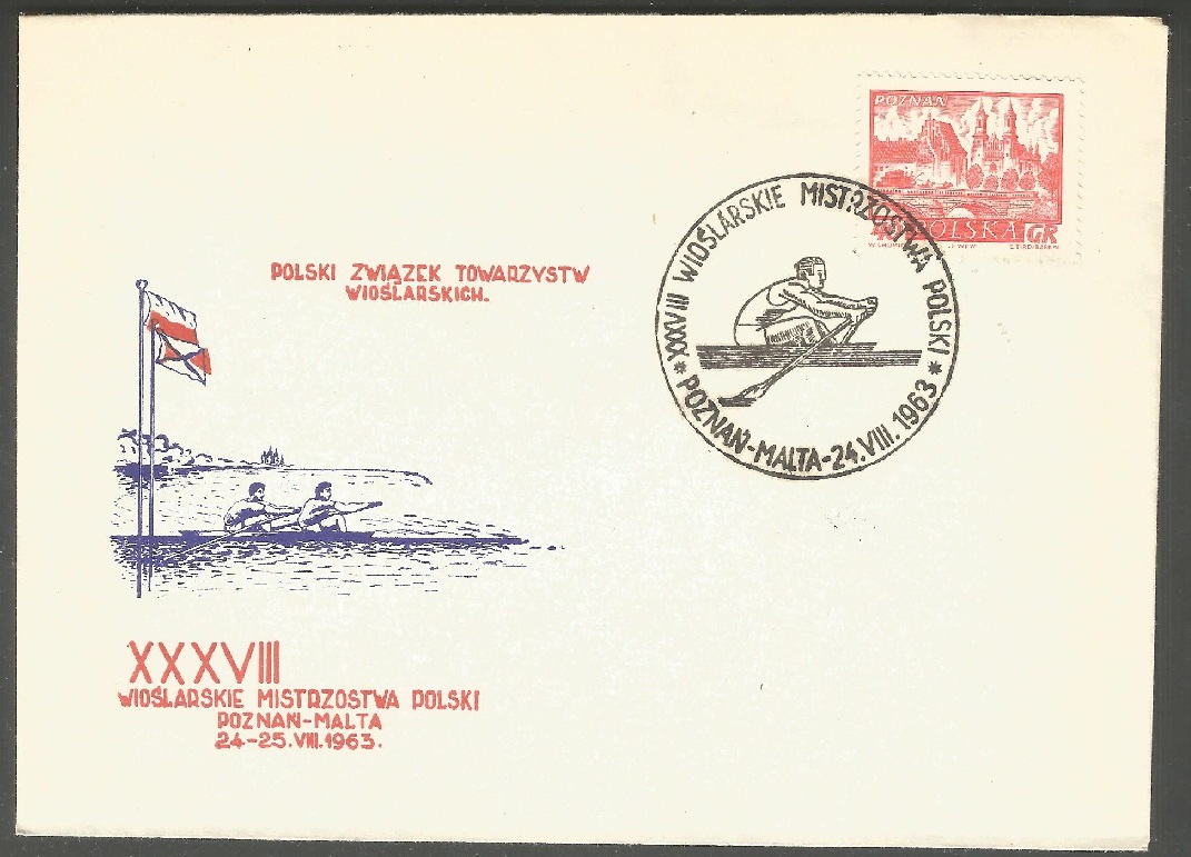 illustrated cover pol 1963 aug. 24th poznan malta 38th polish rowing championships with drawing of 2 and pm