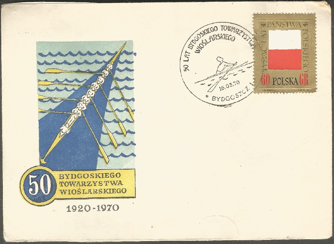 illustrated cover pol 1970 bydgoskiego towarzystwa wioslarskiego 50th anniversary with proper pm pol 1970 march 16th bydgoszcz