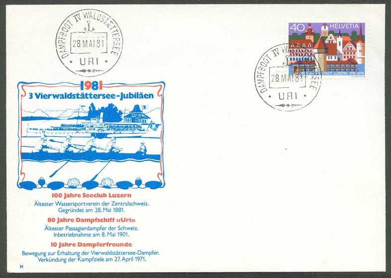 illustrated cover sui 1981 may 28th vierwaldstaettersee centenary of seeclub luzern founded may 28th 1881 blue drawing of 4 