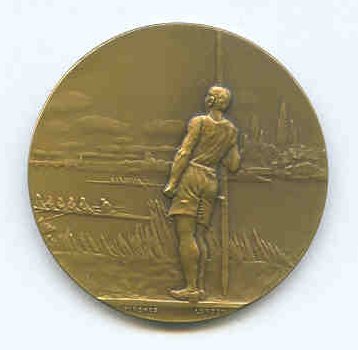 Medal GBR bronze undated by Pinches London Rower with oar on shore watching two 8