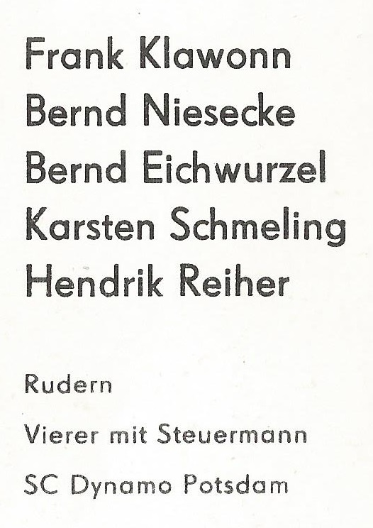 AC GDR 1988 OG Seoul M4 gold medal winners F. Klawonn B. Niesecke B.Eichwurzel K. Schmeling cox H. Reiher with signatures reverse