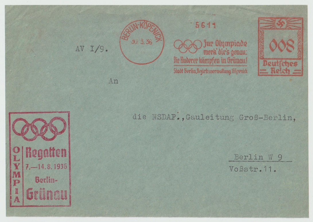 Cover GER 1936 OG Berlin with red meter mark and red cachet