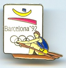 pin esp 1992 og barcelona sculler with logo and olympic rings on white background 