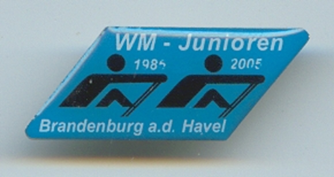 Pin GER 2005 JWRC Brandenburg Two black pictograms on blue background with inscription WM Junioren 1985 2005
