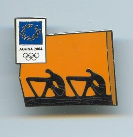 pin gre og athens 2004 two antique rowers in black on orange background 