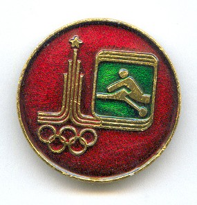 pin urs 1980 og moscow pictogram on green background with logo on red background round shape
