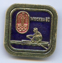 pin urs 1980 og moscow single sculler on blue background with logo of the games in red 