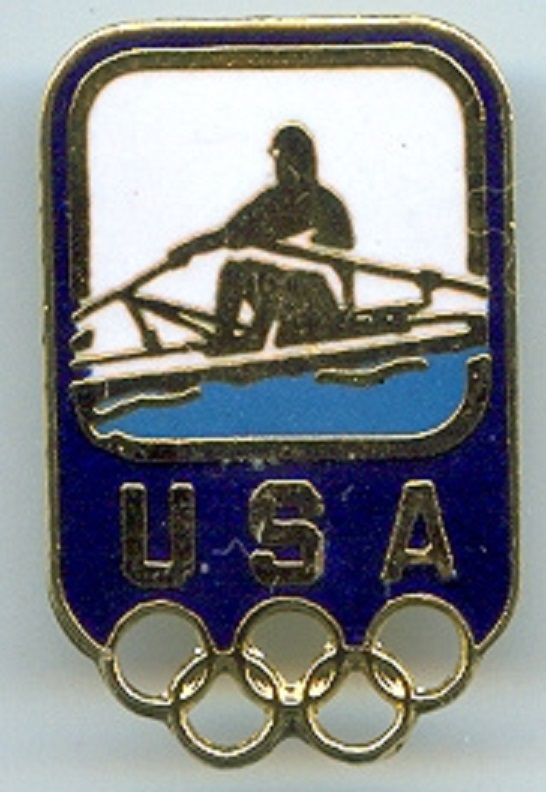 Pin USA Olympic Rowing Silhouette of single sculler in frame USA and Olympic rings underneath